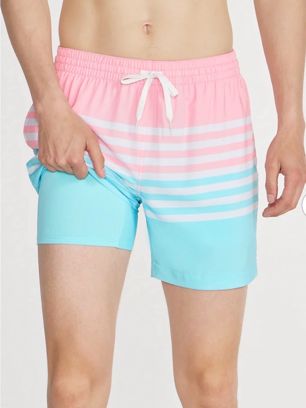 Chubbies On the Horizons Swim Trunks Men’s Large 7” Pink Aqua Striped Stretch